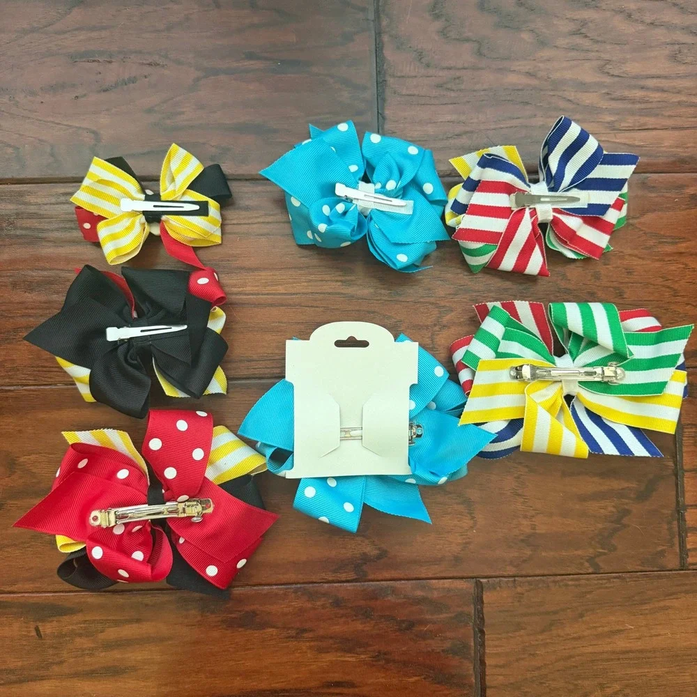 Boutique Hair Bow Mouse Polka Dot Striped Grosgrain Set‎ of 7 Back to School